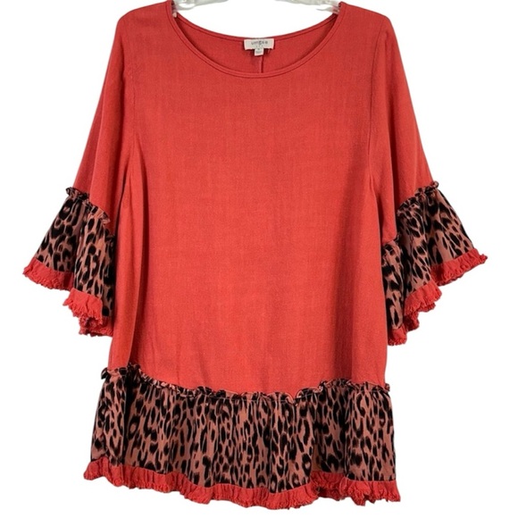 Umgee Linen Cotton Orange Leopard Print Ruffle Tunic Size L 🔥 - Picture 4 of 4